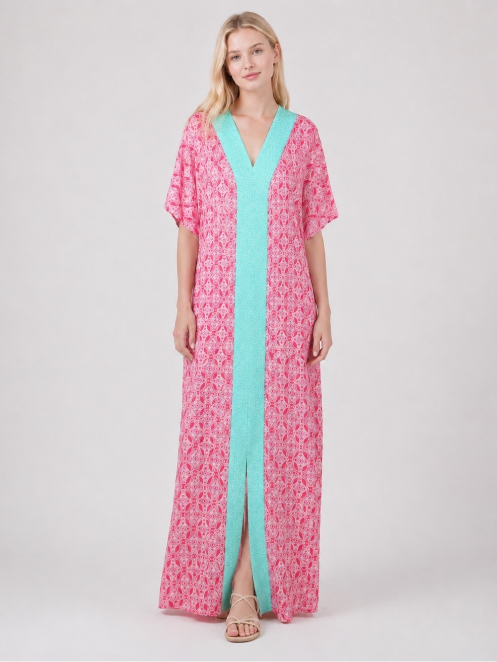 Cabana Life Size M Coral Tides V Neck Coverluxe Maxi Dress Beach Resort Party